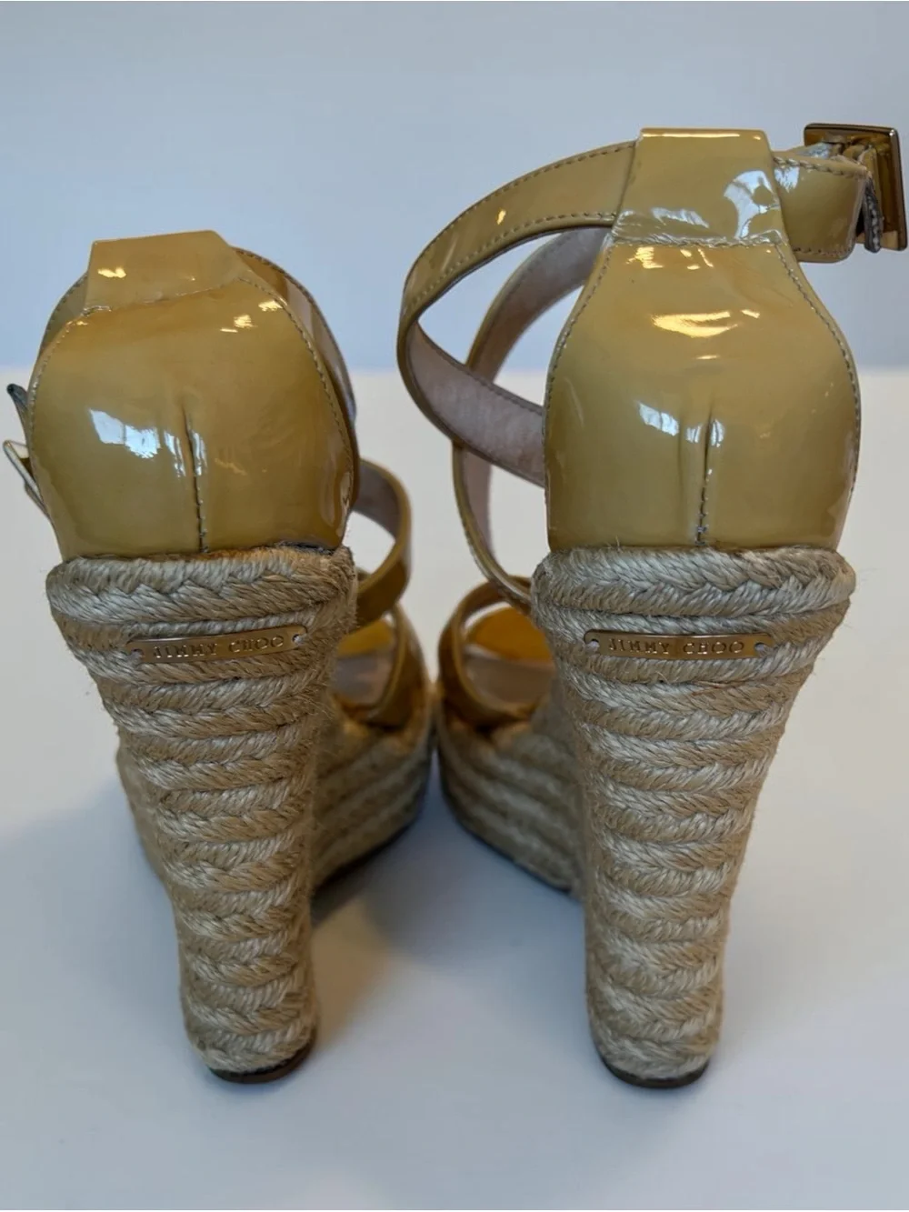 JIMMY CHOO Patent Leather Espadrille Wedge Sandals in Beige and raffia heel